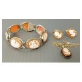 3 pcs vintage cameo jewelry: 10k gold chain w/