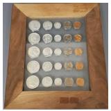 Framed 1959 grouping US coins incl 15 silver