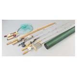 Gp vintage fishing rod/ reels, spear, net, case,