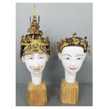 2 signed Thai hand carved/ painted busts with