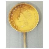 1854 US $1 gold coin on 14k stick pin- 2.3g,