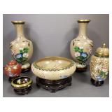 6 pcs cloisonne items incl two 15' lamp bases,