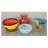 4 art glass bowls etc incl 2 signed 6.75' tallest