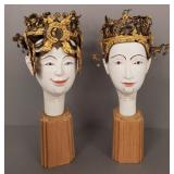 2 signed Thai handcarved/ painted busts w/