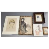 5 framed portrait, etc artworks- some original
