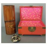3 Asian items: bamboo brush pot, jewelry box &