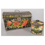 2 pcs antique tote paitned tin: spice box &