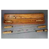 7 vintage ice fishing rods in wooden box 24'L