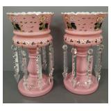 2 antique Victorian decroated glass lusters w/