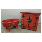 2 Asian red painted pieces: 20' small cabinet &