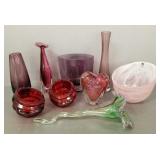 9 pcs cranberry art glass etc incl vases, bowls,