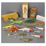 14 fish spearing decoys/ lures, etc incl