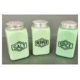 3 vintage jadeite shakers: salt, pepper, spice-
