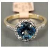10k gold ring s/w diamonds & round blue topaz-