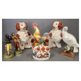 7 pcs pottery incl 11 1/2" Staffordshire dog, bird