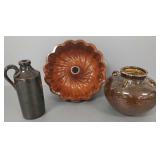 3 pcs pottery, stoneware incl redware 11" mold