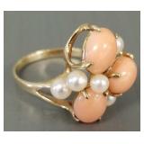 10K gold, pearl, & coral ring- 3.2g; size 6 3/4