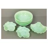 8 vintage jadeite bowls: five 8 1/4"D, 2 leaf &