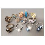 12 rings incl 8 sterling silver s/w stones, etc.-