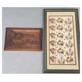 2 antique artworks, carved wood plaque, etc-