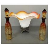3 pcs art glass incl fluted bowl on stand & 2