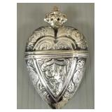Ornate antique style heart shaped silver box