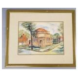 Signed watercolor- street scene- framed 19" x