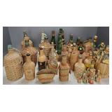 Large collection vintage wicker wrapped bottles-