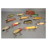 13 vintage fishing lures incl Heddon, Shakespeare,