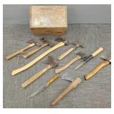 Group hatchets & knives incl Collins in wood