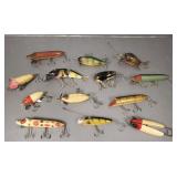 13 vintage fishing lures incl Heddon, Dingbat, etc