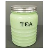 Vintage jadeite glass tea canister- 4 1/2"H