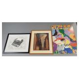 3 framed artworks: vintage Feninger print (some