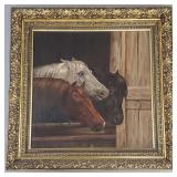 Antique oil painting on canvas- horses- in ornate