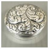 Ornate antique sterling silver pill box- 1 1/2"D
