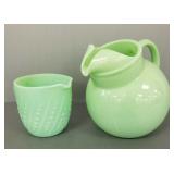 2 Fire King jadeite pitchers: 4 1/4"H bead & bar