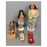 5 vintage Skookum, etc dolls- 16" tallest