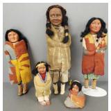 5 vintage Skookum, etc dolls- 14" tallest