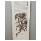 Hand painted Asian scroll- monkeys- 75"H 23.5"W OD