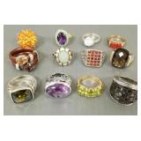 12 sterling silver rings s/w colored stones, etc-