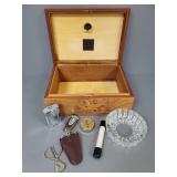 Inlaid burlwood cigar humidor w/ accessories-