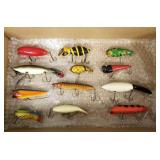 12 vintage fishing lures incl Heddon basser,