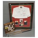 4 golf items: 2 antique putters, framed signed