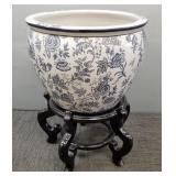 Porcelain planter w/ wooden stand- 14"H,