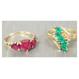 2 vintage 10k rings s/w colored stones- 3.9g