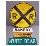 4 metal & wood signs incl railroad, bakery, etc -