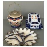 3 pcs antique flow blue, etc: cheese dome,