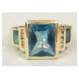 14k gold ring s/w blue topaz, opal & diamonds-