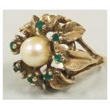14k gold ring s/w pearl & green stones- 8.6g,