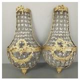 2 French style brass & prism lighted sconces-